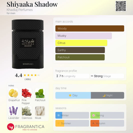 Shiyaaka Shadow perfume bottle with fragrance profile and notes on a white background