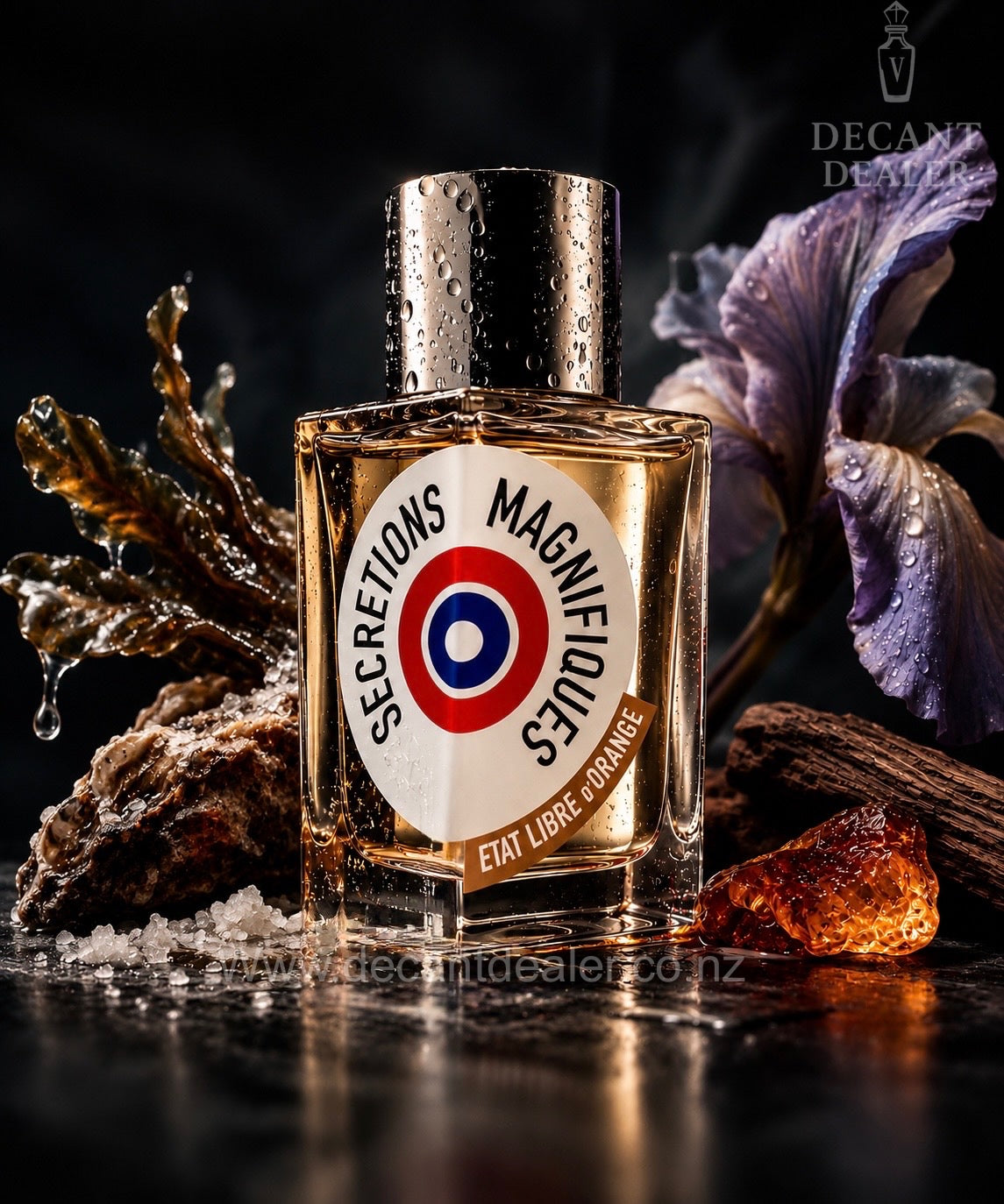 A bottle of Decant Dealer 'Secretions Magnifiques' fragrance, styled with dried iris flowers, amber crystals, and sea salt on a dark reflective surface.