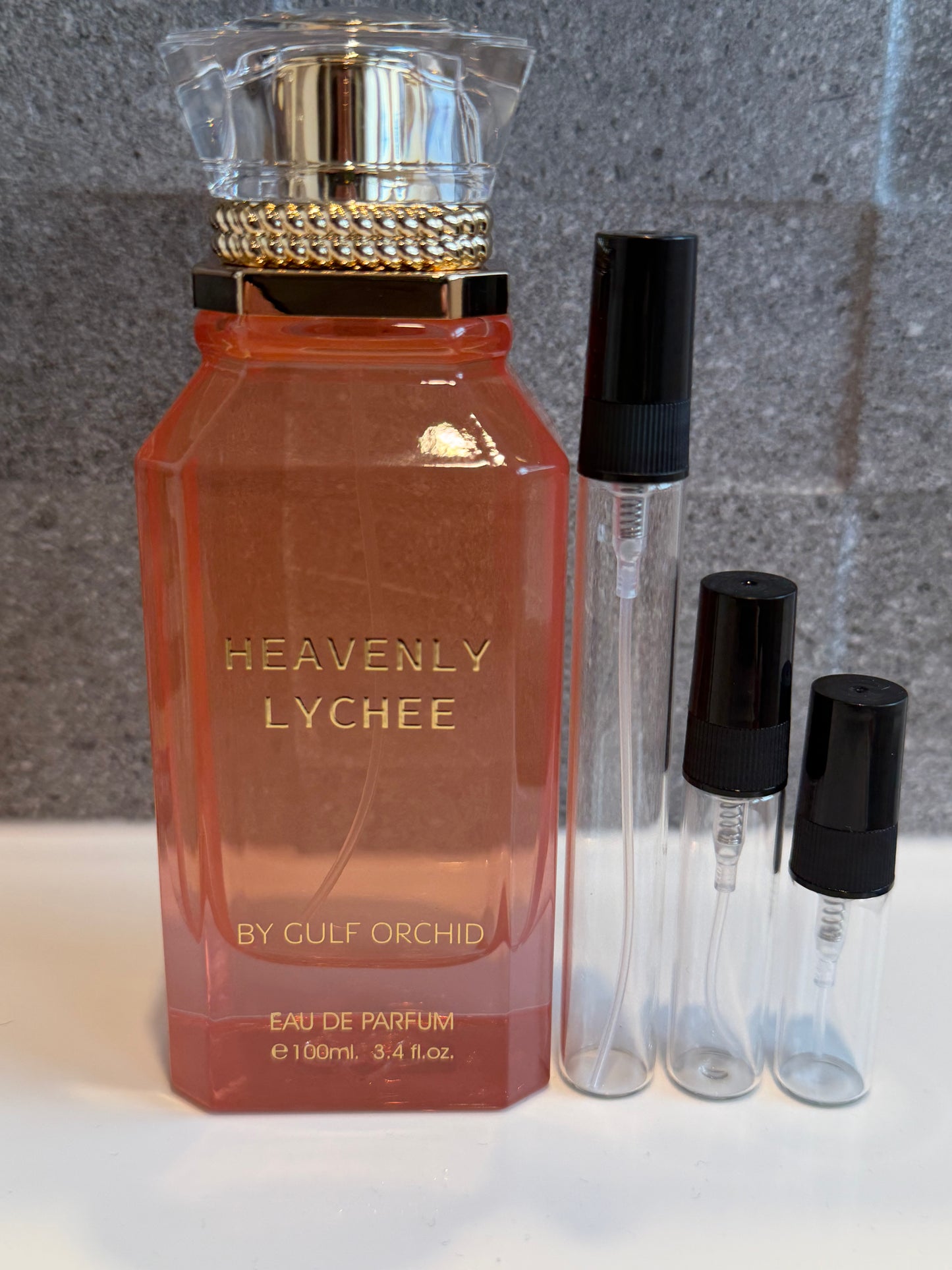 Perfume bottle labeled 'Heavenly Lychee by Gulf Orchid' decant NZ