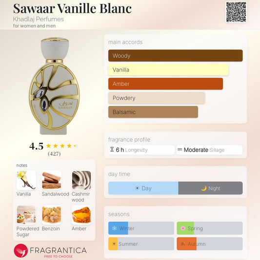 Khadlaj Sawaar Vanille Blanc fragrance note breakdown