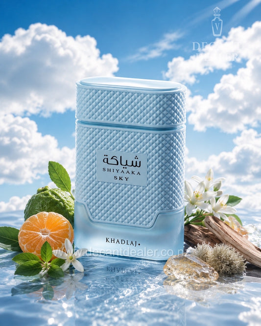 A light blue textured rectangular perfume bottle labeled 'SHIYAKKA SKY' and 'KHADLAJ+' stands in reflective water with clouds in the background, surrounded by citrus slices, greenery, white flowers, and crystals.