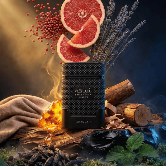 Black textured bottle with 'Khadla' branding on a rustic background with fruits and wood.