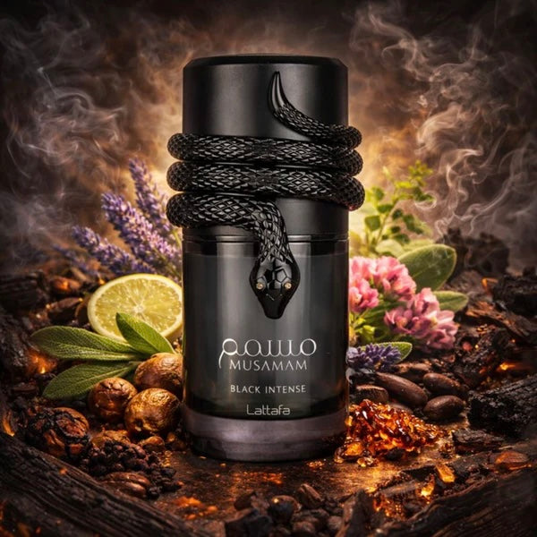 Black bottle of Lattafa Musamam Black Intense perfume surrounded by herbs and spices on a dark background