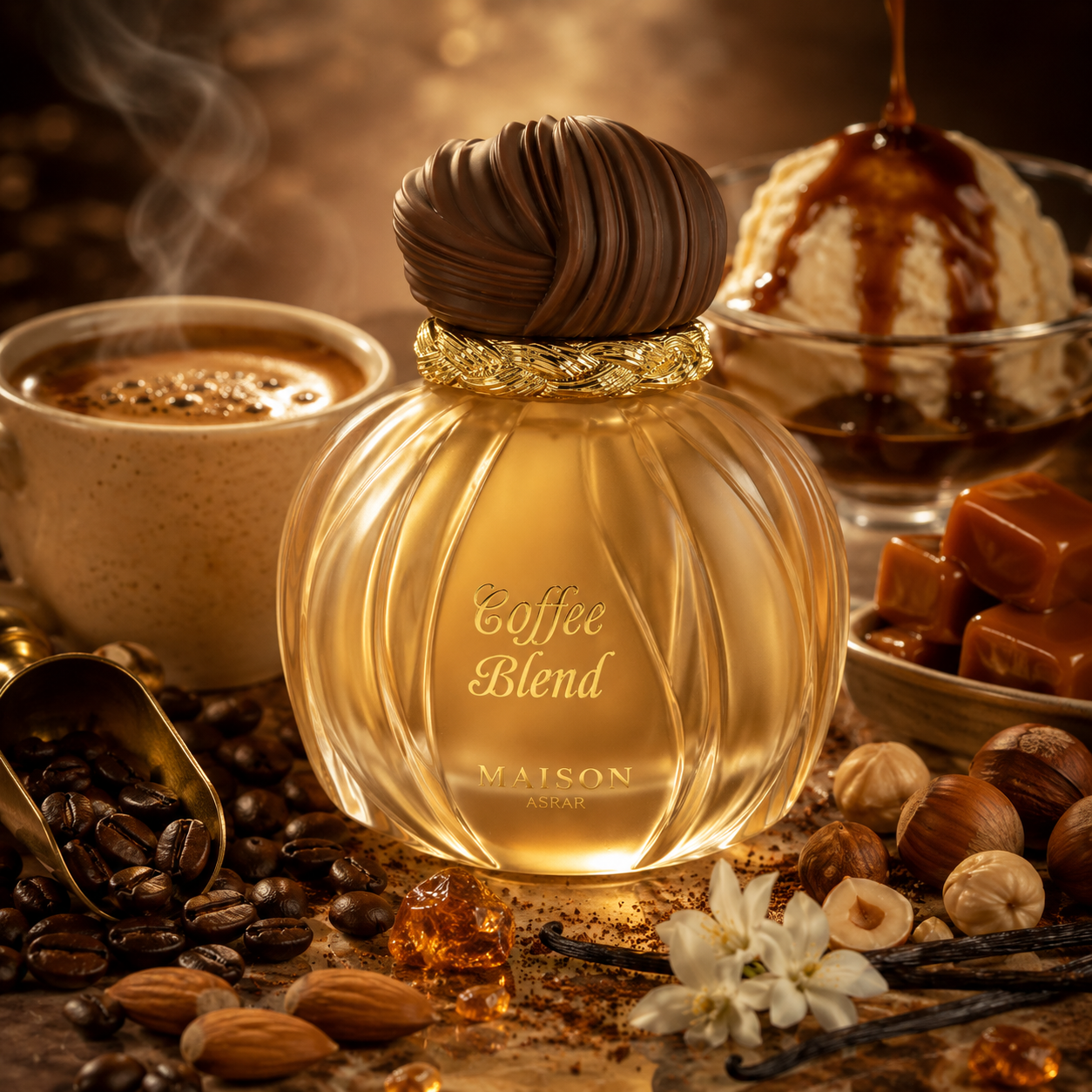 Perfume bottle labeled 'Coffee Blend' surrounded by coffee beans, a cup of coffee, and a bowl of ice cream with caramel sauce. Decant dealer nz New Zealand
