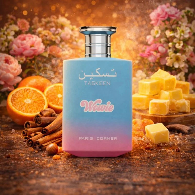 Perfume bottle labeled 'Wowie' by Taskeen with floral and fruit background paris corner