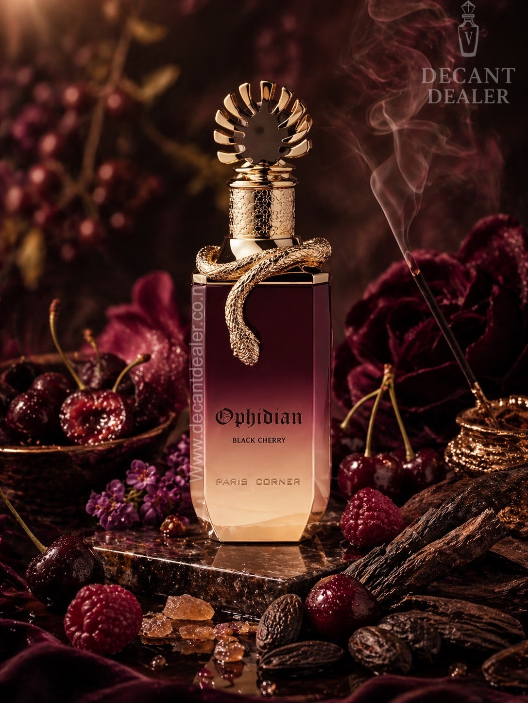 Ophidian Black Cherry perfume bottle with cherries and spices on a dark background