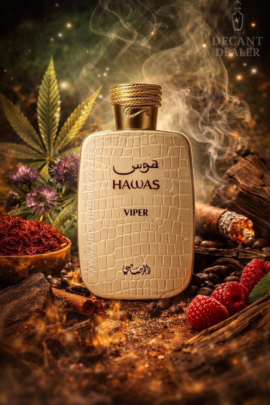 Hawas Viper perfume bottle surrounded by cannabis leaves, raspberries, and smoking materials on a dark background.