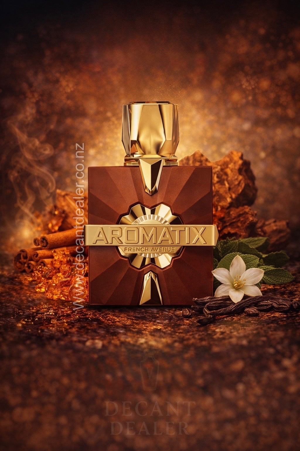 Aromatix perfume bottle with a decorative box on a textured brown background