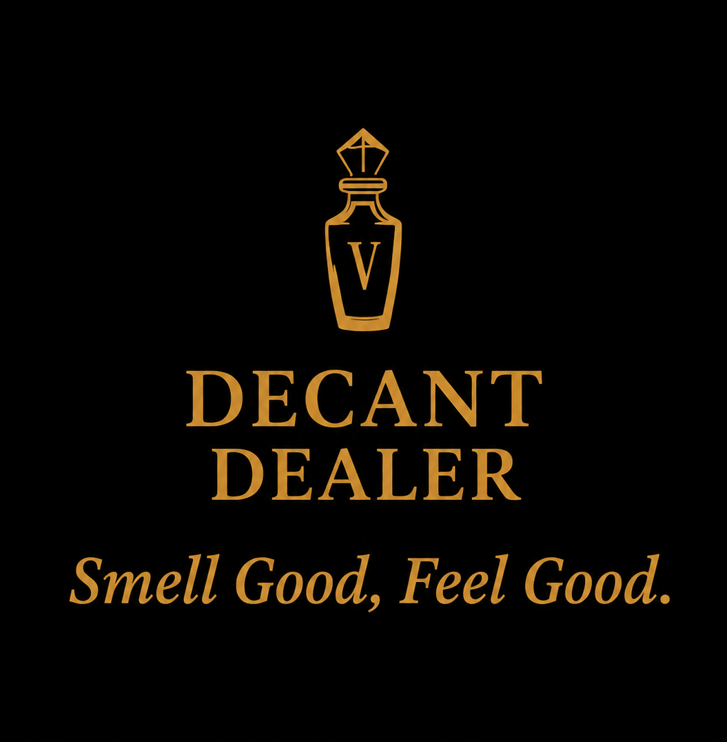 Logo of Decant Dealer with a gold perfume bottle icon on a black background