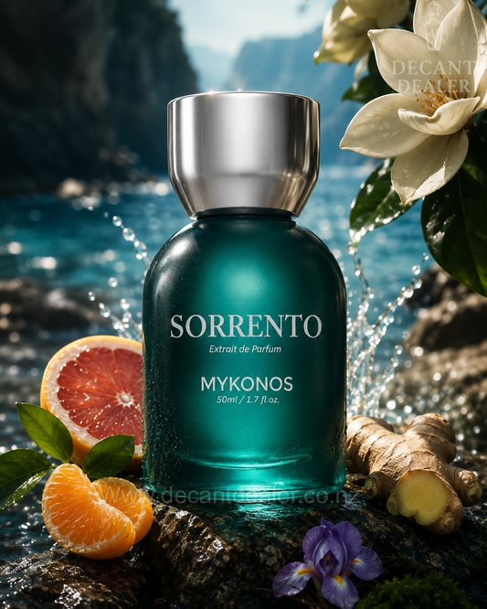 A bottle of Sorrento Mykonos extrait de parfum by Decant Dealer, featuring a teal glass bottle with a silver cap, surrounded by citrus, ginger, and flowers against a coastal background.