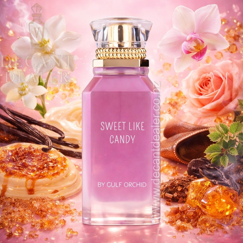 Perfume bottle labeled 'Sweet Like Candy by Gulf Orchid' surrounded by floral and dessert elements on a pink background.
