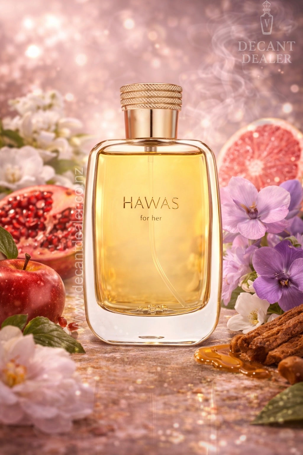 Perfume bottle labeled 'Hawas for her' surrounded by fruits and flowers on a decorative background.
