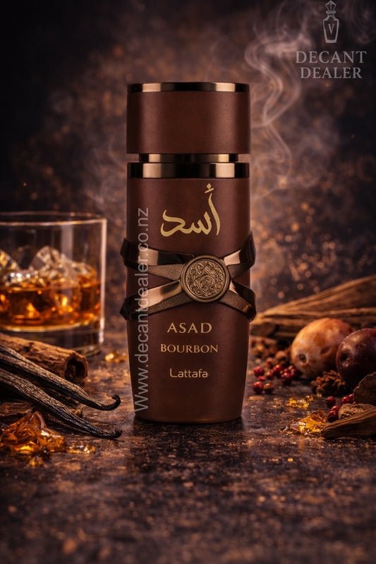 Bottle of Asad Bourbon Lattata with vanilla beans and a glass of bourbon in the background