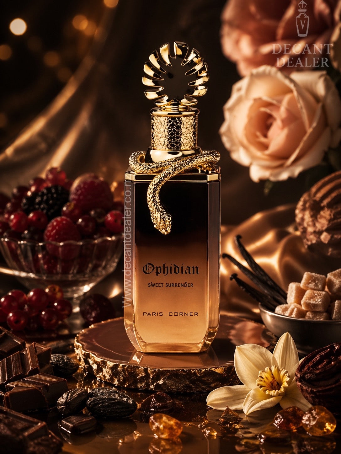 Perfume bottle labeled 'Ophidian' sweet surrender surrounded by flowers and chocolates on a dark background