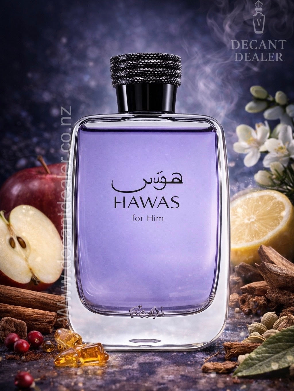 Hawas perfume bottle with fruits and spices on a dark background